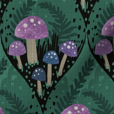 Forest microbiome lavender purple mushrooms and ferns under the dark green tree canopy