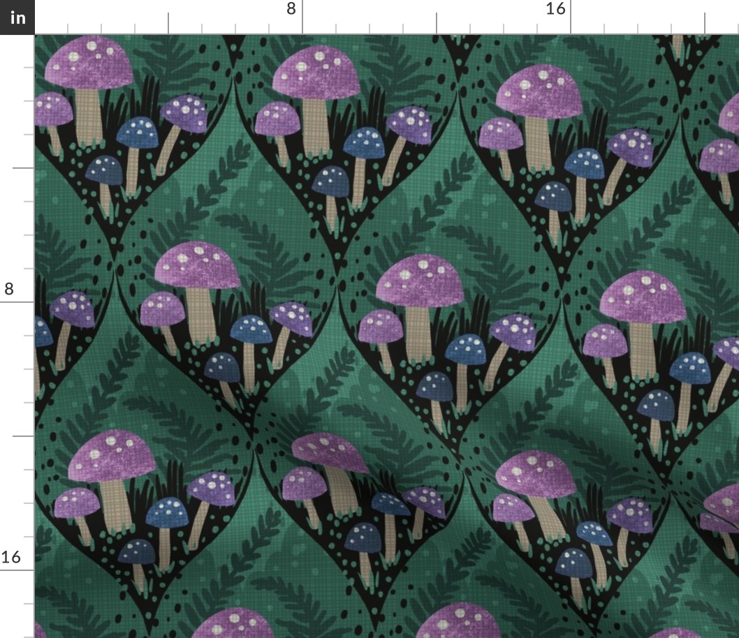 Forest microbiome lavender purple mushrooms and ferns under the dark green tree canopy