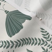 Bold Botanical Moths and Flowers in Jade Green and Off White