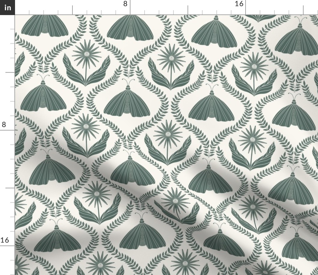 Bold Botanical Moths and Flowers in Jade Green and Off White