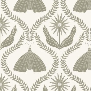 Bold Botanical Moths and Flowers in Sage Green and Off White
