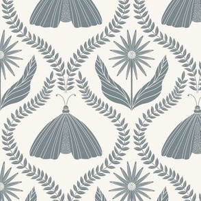 Bold Botanical Moths and Flowers in Slate Gray Blue and Off White