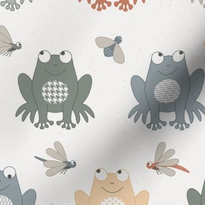Colorful Frogs in muted tones with Bees and Dragonflies