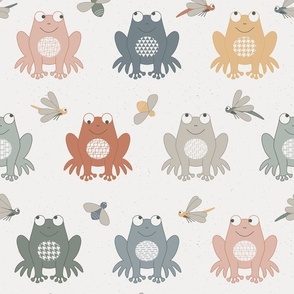 Colorful Frogs in muted tones with Bees and Dragonflies