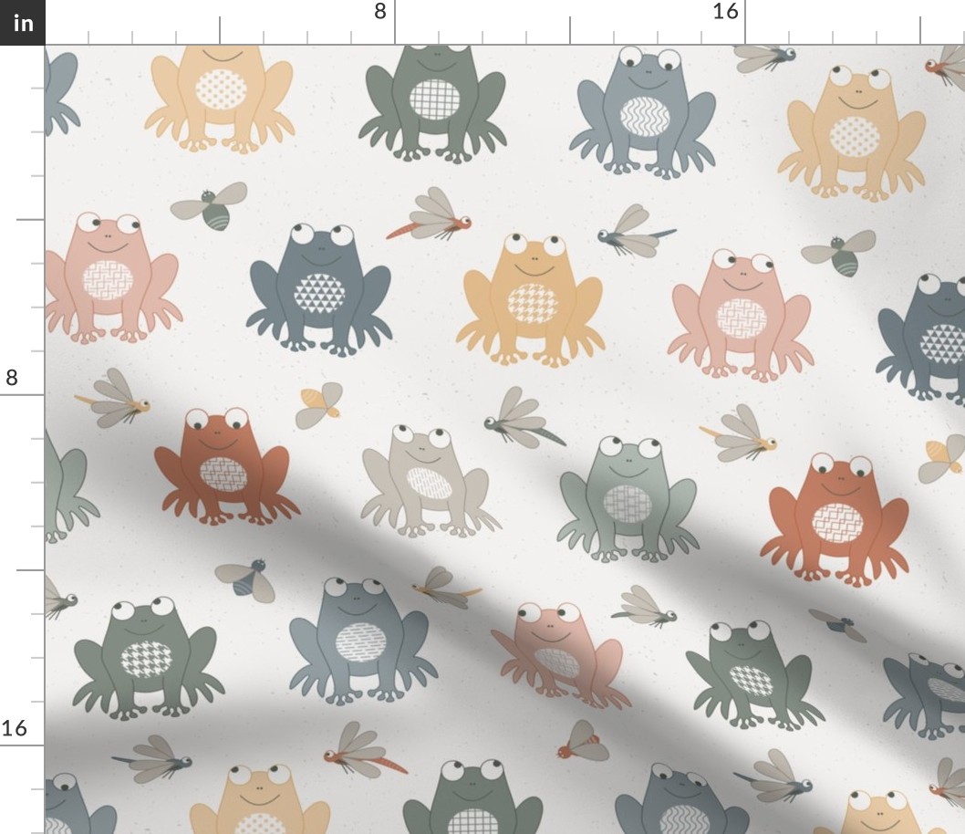 Colorful Frogs in muted tones with Bees and Dragonflies