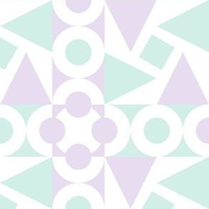 modern graphic pastel circles triangles geometric large tile cheater quilt gender neutral nursery bedding light teal lavender white kitchen wallpaper
