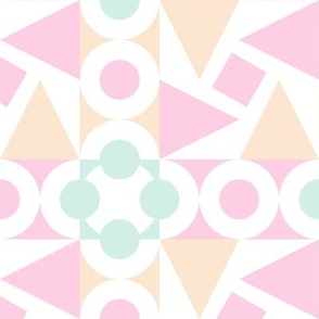 modern graphic pastel circles triangles geometric large tile cheater quilt baby girl nursery bedding light peach pink aqua white kitchen wallpaper