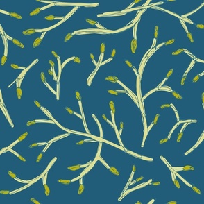 Buds on branches in blue lime green colors / peach / classic design