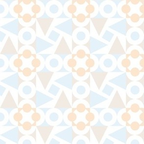 modern graphic pastel circles triangles geometric small tile cheater quilt gender neutral nursery bedding light blue peach tan white kitchen wallpaper