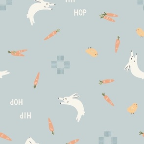 easter hip hop rabbits and carrots on eggshell blue