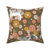 Retro Farm – cow and retro flowers, pink orange peach mustard floral (brown) large scale