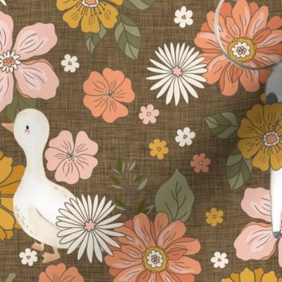 Retro Farm – cow and retro flowers, pink orange peach mustard floral (brown) large scale