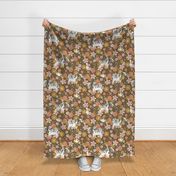 Retro Farm – cow and retro flowers, pink orange peach mustard floral (brown) large scale