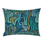 Forest roots // large jumbo scale // nile blue background green and yellow gold texture biome woodland animals bear fox hare deer bird trees