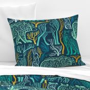Forest roots // large jumbo scale // nile blue background green and yellow gold texture biome woodland animals bear fox hare deer bird trees
