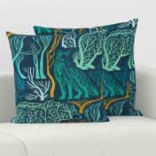 Forest roots // large jumbo scale // nile blue background green and yellow gold texture biome woodland animals bear fox hare deer bird trees