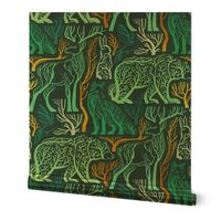 Forest roots // large jumbo scale // nile blue background green and yellow gold texture biome woodland animals bear fox hare deer bird trees