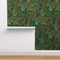 Forest roots // large jumbo scale // nile blue background green and yellow gold texture biome woodland animals bear fox hare deer bird trees