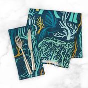 Forest roots // large jumbo scale // nile blue background green and yellow gold texture biome woodland animals bear fox hare deer bird trees