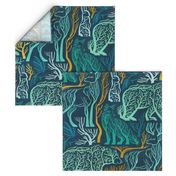 Forest roots // large jumbo scale // nile blue background green and yellow gold texture biome woodland animals bear fox hare deer bird trees