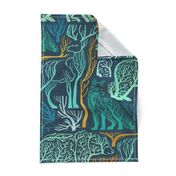 Forest roots // large jumbo scale // nile blue background green and yellow gold texture biome woodland animals bear fox hare deer bird trees
