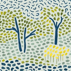 Promise of Spring -  in blue, green, yellow / forest / landscape