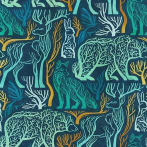 Normal scale // Forest roots // nile blue background green and yellow gold texture biome woodland animals bear fox hare deer bird trees 