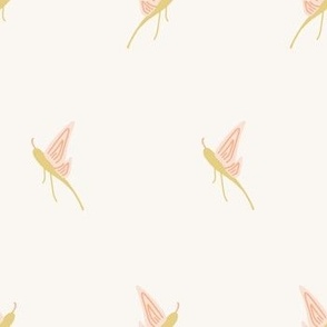 yellow green and coral pink dragonflies on cream ivory white