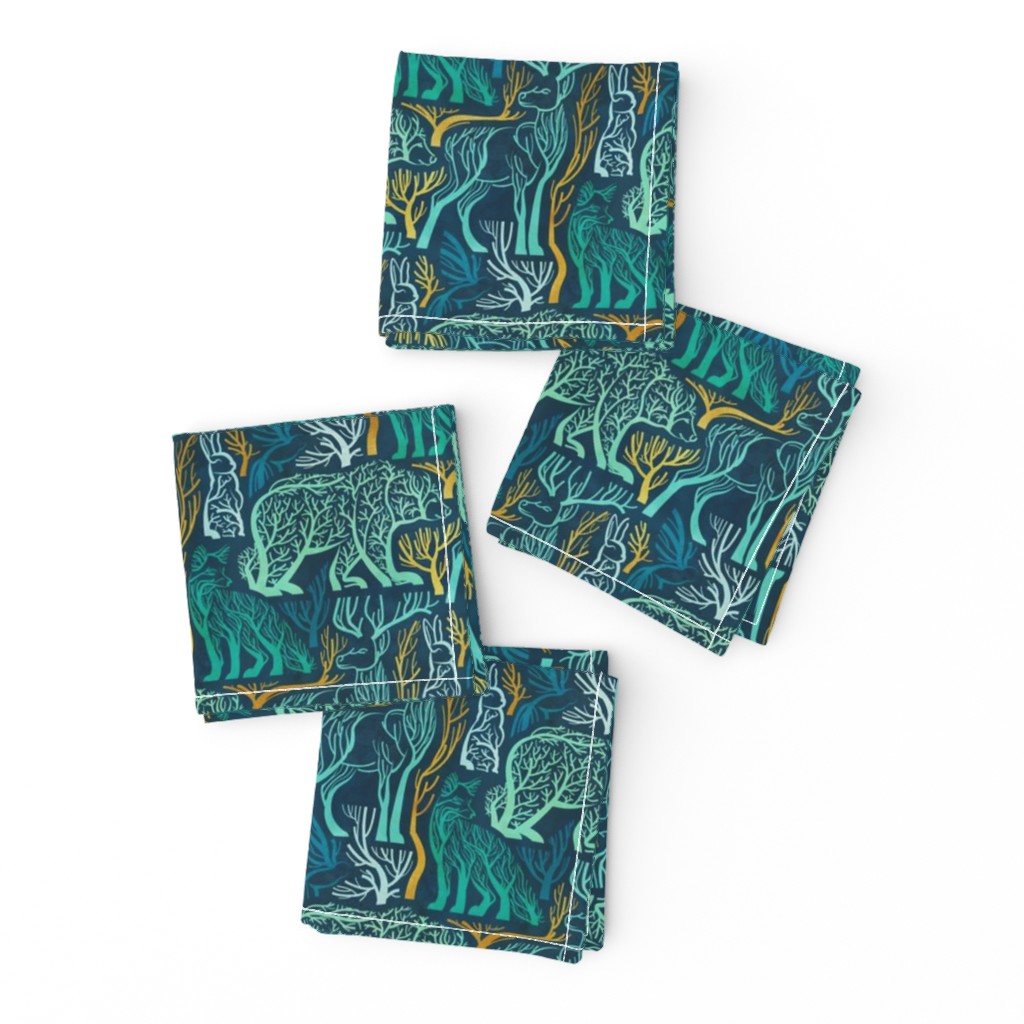 Small scale // Forest roots // nile blue background green and yellow gold texture biome woodland animals bear fox hare deer bird trees 