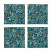 Small scale // Forest roots // nile blue background green and yellow gold texture biome woodland animals bear fox hare deer bird trees 