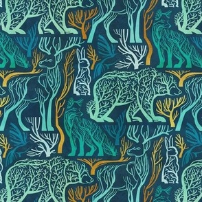 Small scale // Forest roots // nile blue background green and yellow gold texture biome woodland animals bear fox hare deer bird trees 