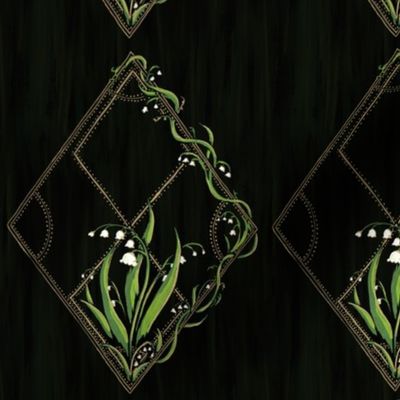 Lily of the Valley,  Leaves, & Vines Diamond Forest Woodland Flora - painted bell flowers in dark moody academia print in green white gold and black