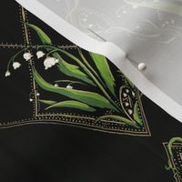 Lily of the Valley,  Leaves, & Vines Diamond Forest Woodland Flora - painted bell flowers in dark moody academia print in green white gold and black