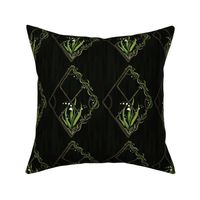 Lily of the Valley,  Leaves, & Vines Diamond Forest Woodland Flora - painted bell flowers in dark moody academia print in green white gold and black