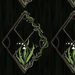 Lily of the Valley,  Leaves, & Vines Diamond Forest Woodland Flora - painted bell flowers in dark moody academia print in green white gold and black