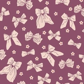 Small Bow Ribbons and Cute Ditsy Daisy Flowers in Girly Soft Pink on Violet Quartz Purple