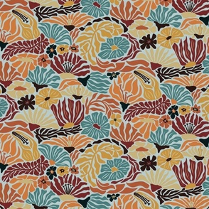 Groovy Forest Foliage: A Modern Abstract Floral and Leaf Pattern // medium // brown, orange, green, blue
