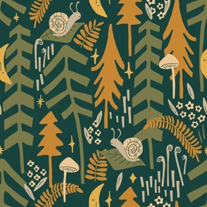 Forest Biome Mr Snail and Moon plus Fern - Eclectic Boho - Earthy Neutral Nursery - Maximalist Wallpaper - Ferns