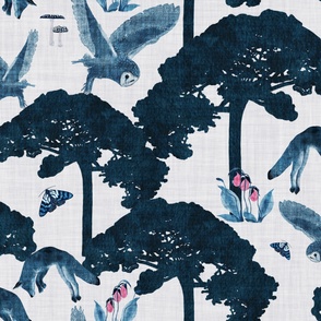 Twilight forest filled with indigo grey foxes, owls, moths and orchids with linen texture (extra large/ jumbo scale)