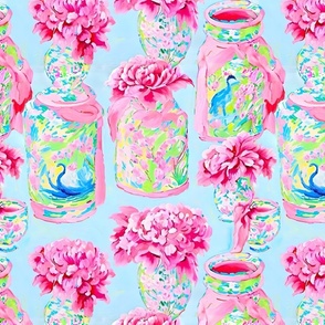 Preppy colored chinoiserie jars with ribbons and pink peonies