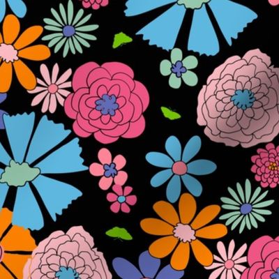 Midnight Floral Carnival: Exuberant Blooms on Ebony - Chic Fabric Design 