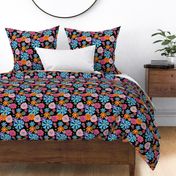 Midnight Floral Carnival: Exuberant Blooms on Ebony - Chic Fabric Design 