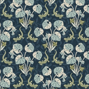 Wild Ginger and Salamanders - Medium - Linen Texture, Blue, Green, Forest Biome