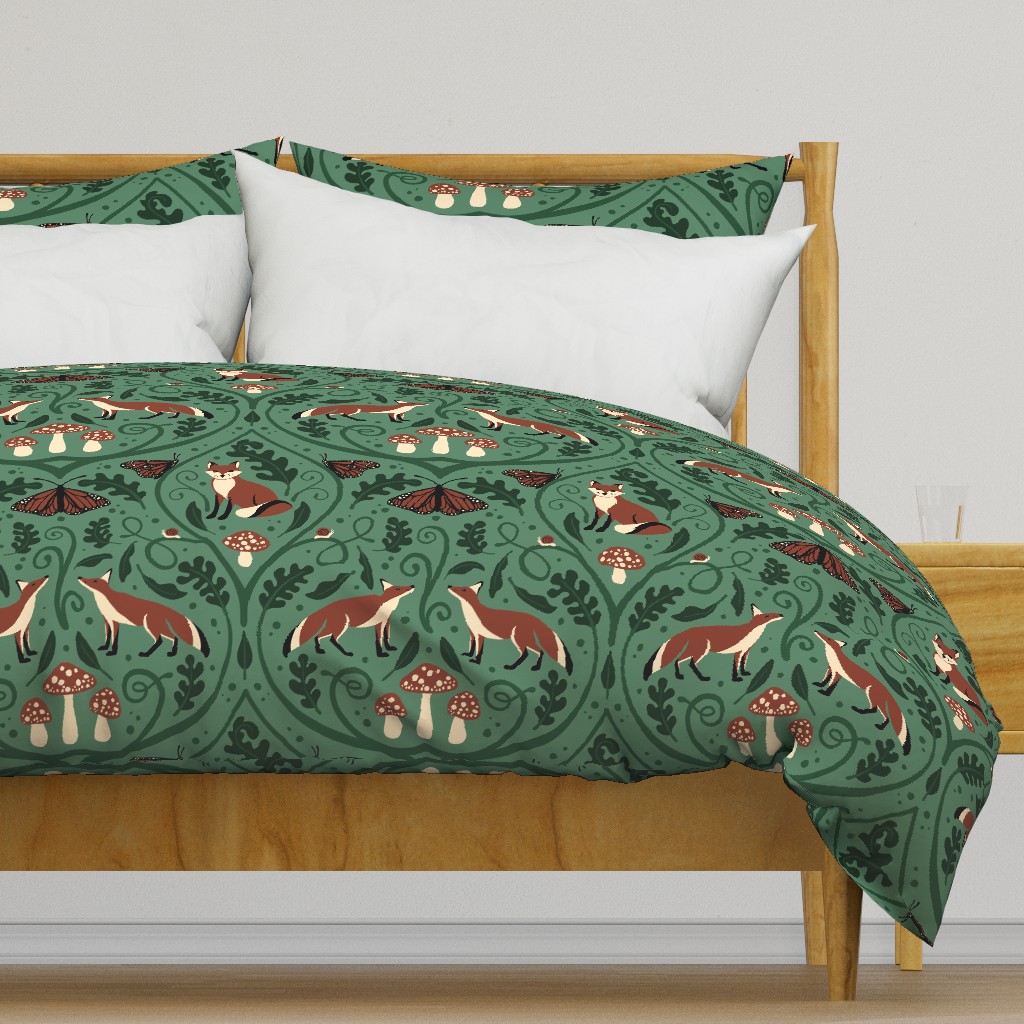 Large // Woodland Fox and Mushroom Damask // Green Glade