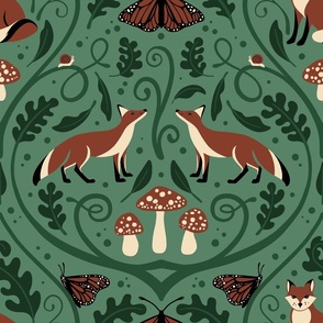 Large // Woodland Fox and Mushroom Damask // Green Glade