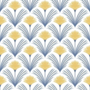 Deco Dandelion Flower Scallop in Yellow Blue on a White Small