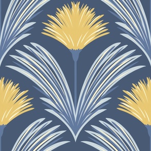 Deco Dandelion Flower Scallop in Yellow Blue on a Deep Blue Large