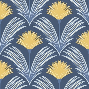 Deco Dandelion Flower Scallop in Yellow Blue on a Deep Blue Medium