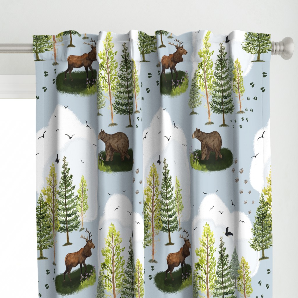 Wildlife Wonder - Watercolor forest  animals and trees on a light blue background