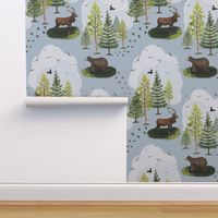 Wildlife Wonder - Watercolor forest  animals and trees on a light blue background